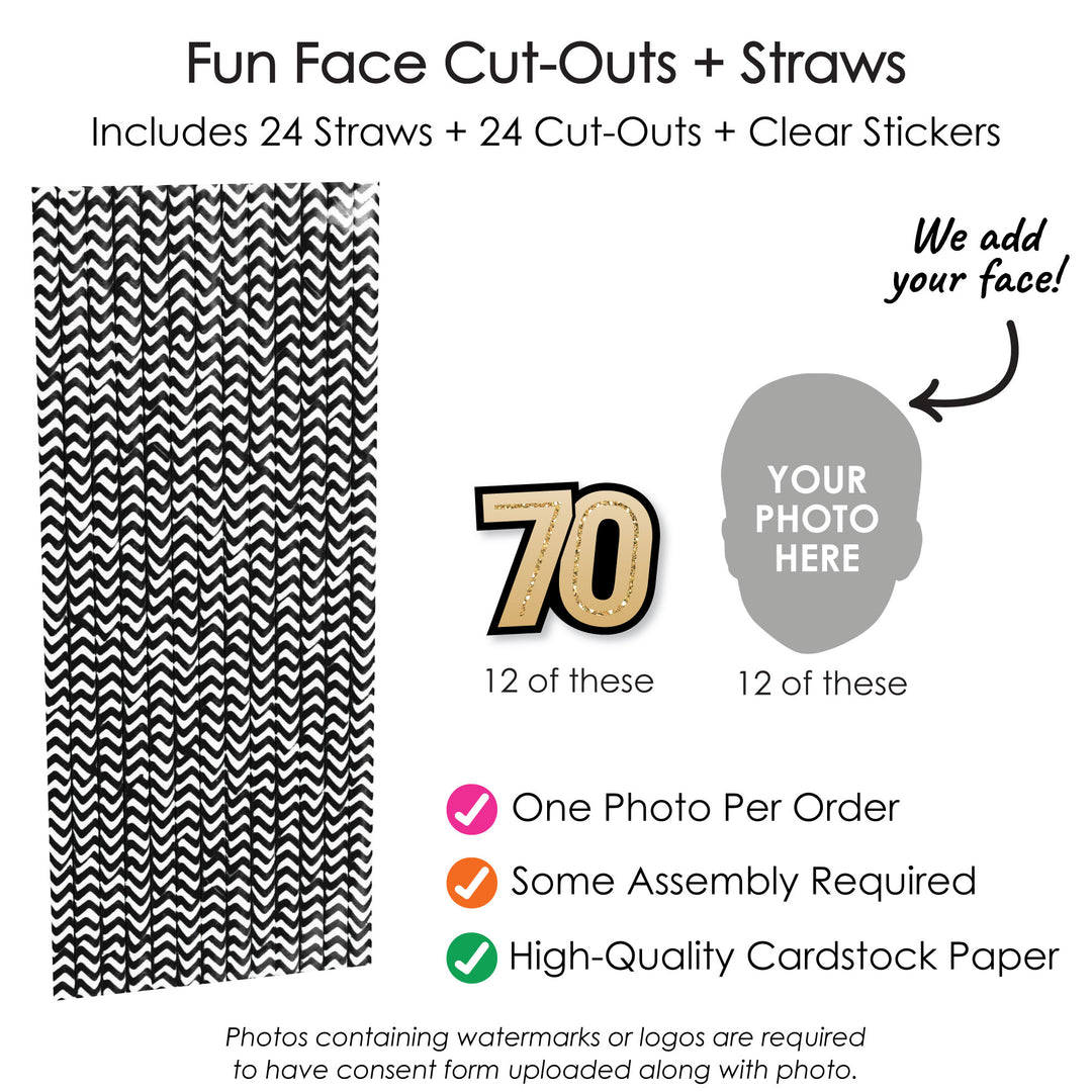 12 face shapes and 12 black and gold 70 number cutouts with straws
