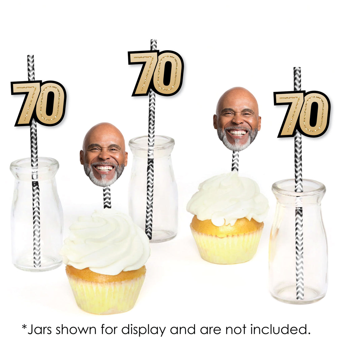 70th birthday party beverages with personalized face straw accents