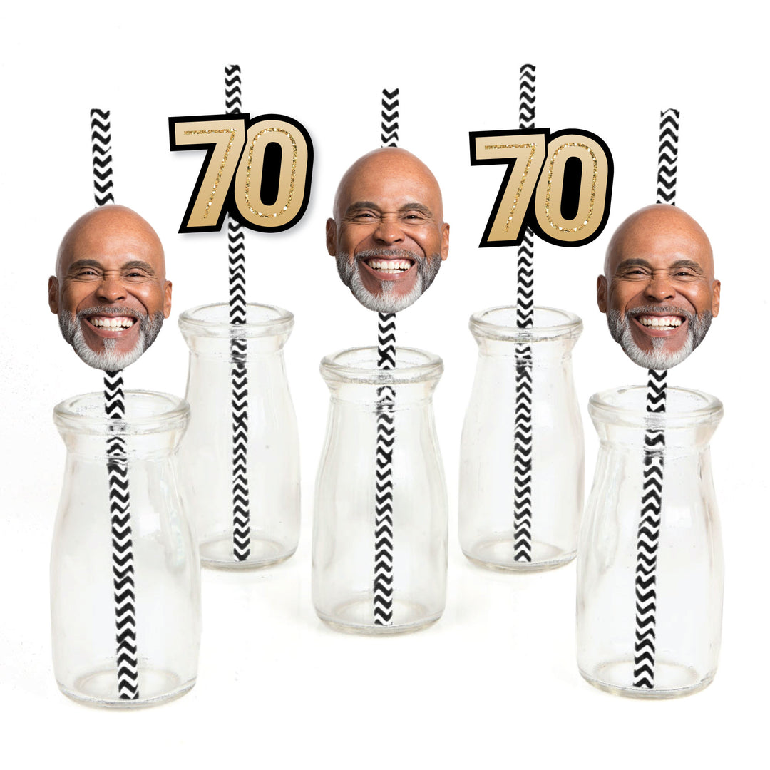 Custom 70th birthday fun face straw decorations