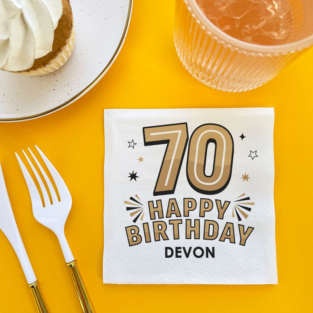 Custom Text Napkins - Black & Gold 70th Birthday