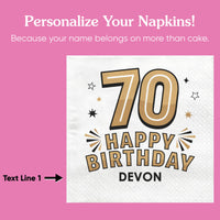 Custom Text Napkins - Black & Gold 70th Birthday