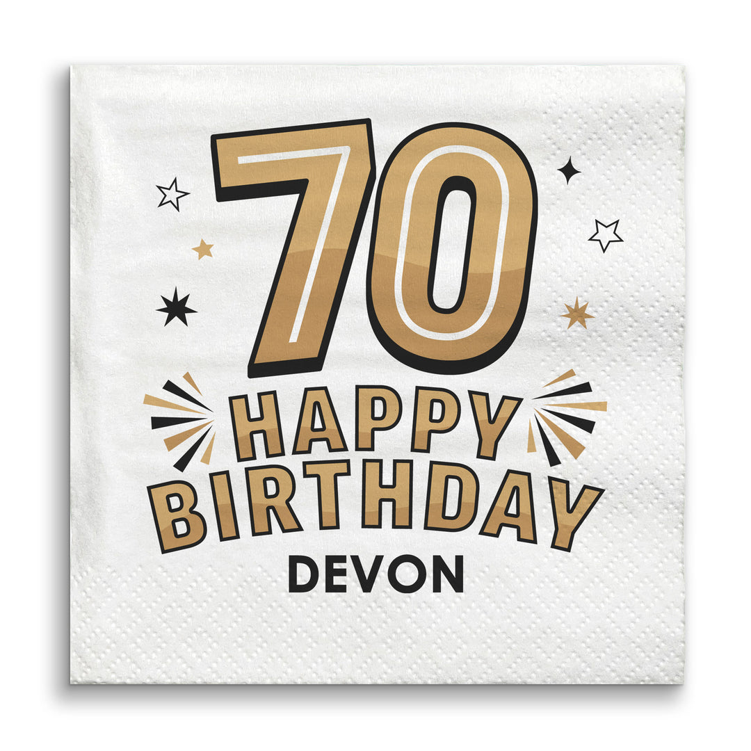 Custom Text Napkins - Black & Gold 70th Birthday