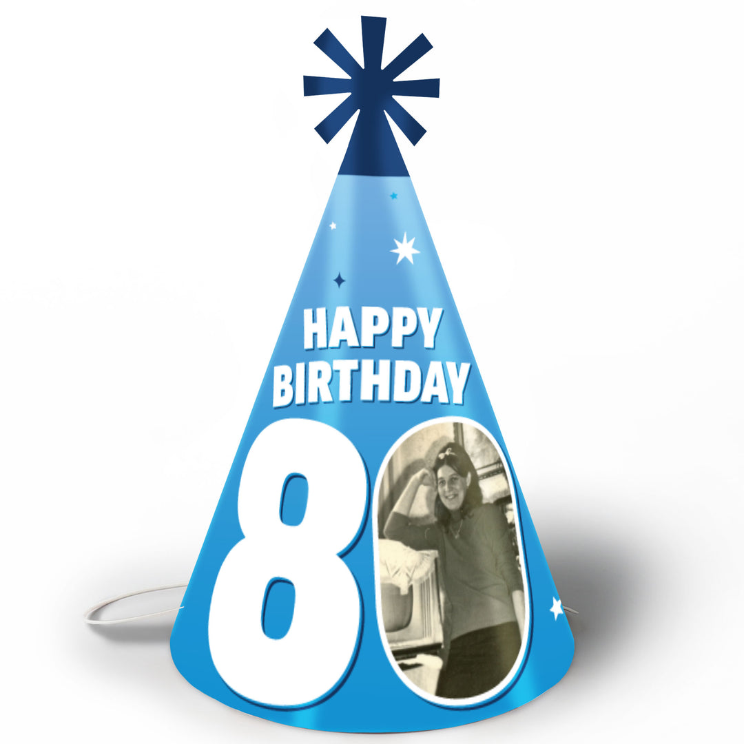Custom Photo 80th Birthday Cone Hat - 8 Ct