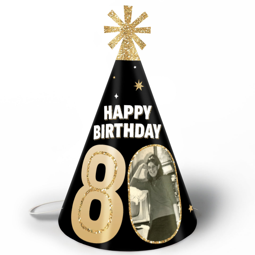 Custom Photo 80th Birthday Cone Hat - 8 Ct