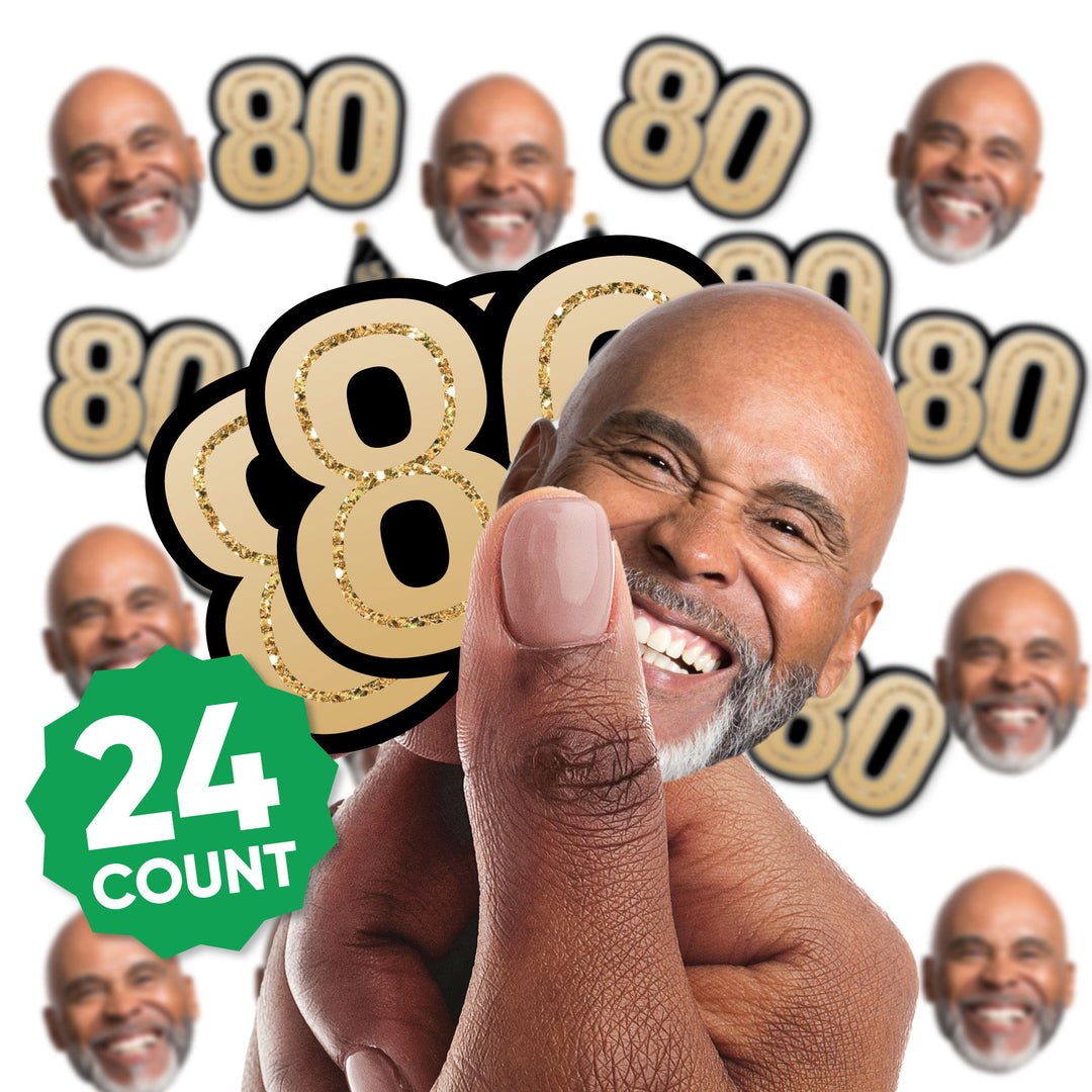 80th birthday mini face and number shapes shown in hand