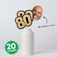 Set includes 10 custom face cutouts and 10 black and gold 80 numbers