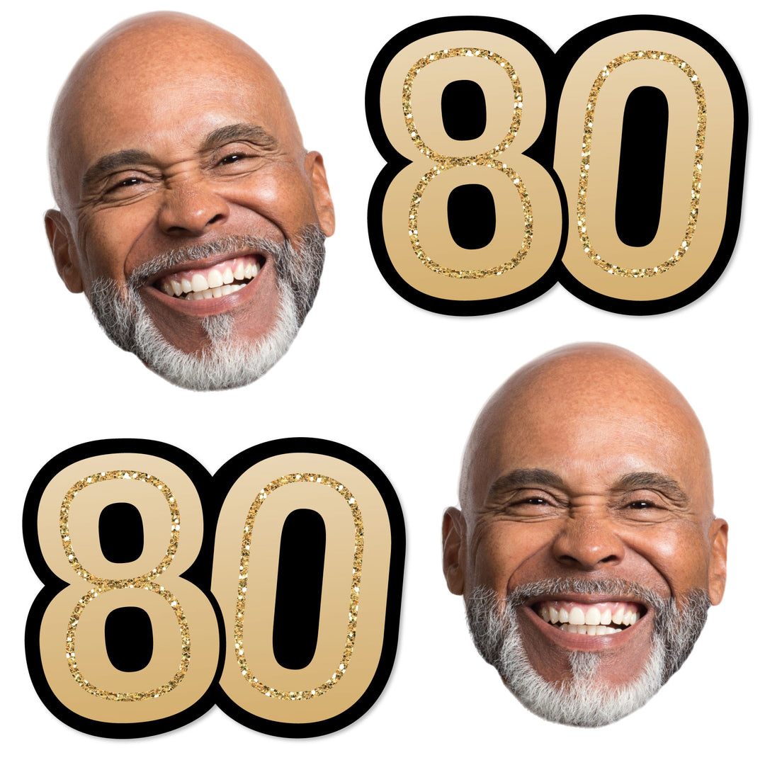 Custom 80th birthday fun face and number cutout set in black and gold