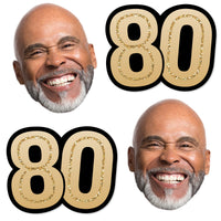 Custom 80th birthday fun face and number cutout set in black and gold