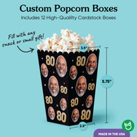 Custom popcorn box with faces and '80' text, filled with popcorn, on a blue background.