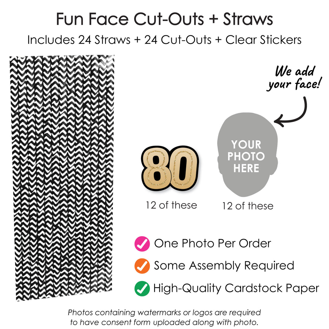 Set includes 12 custom faces, 12 black and gold 80 numbers, and striped straws