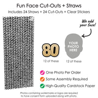 Set includes 12 custom faces, 12 black and gold 80 numbers, and striped straws