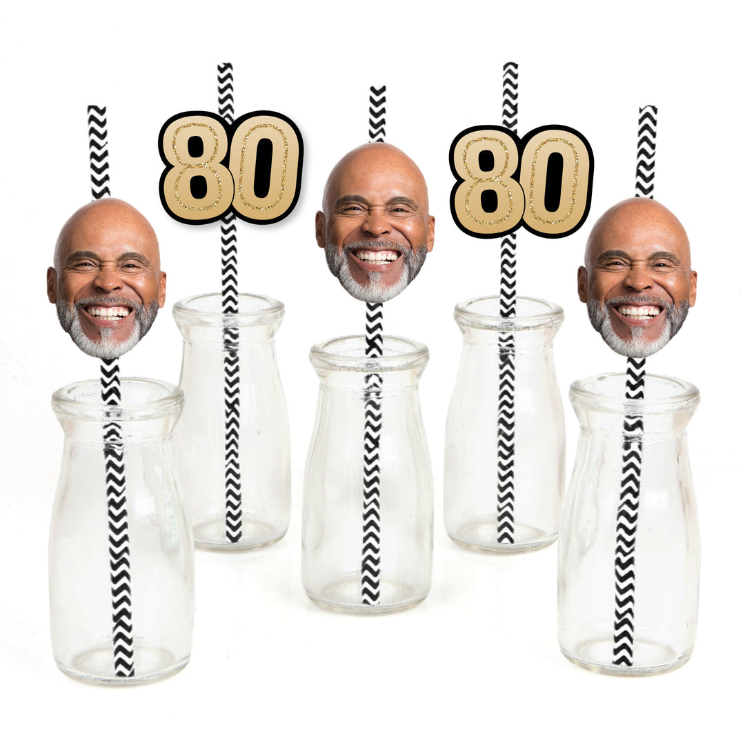 Custom 80th birthday fun face and number straw decorations