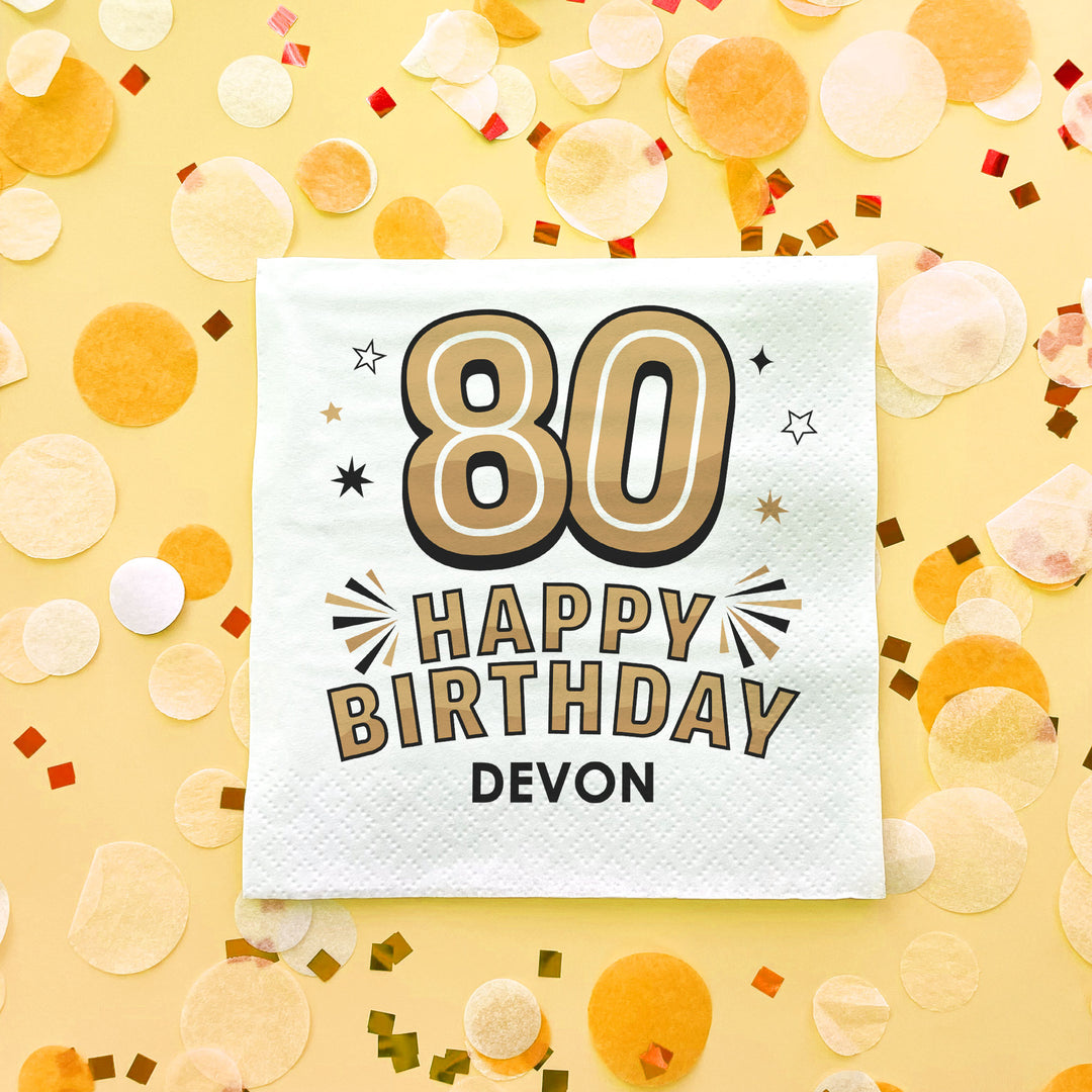 Custom Text Napkins - Black & Gold 80th Birthday