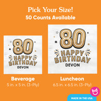 Custom Text Napkins - Black & Gold 80th Birthday