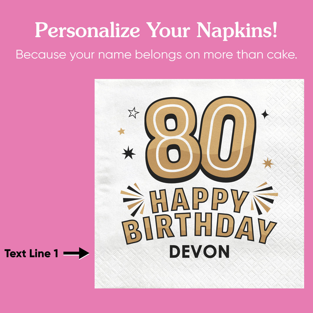Custom Text Napkins - Black & Gold 80th Birthday