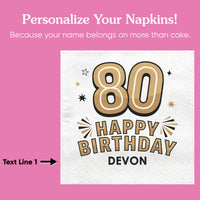Custom Text Napkins - Black & Gold 80th Birthday