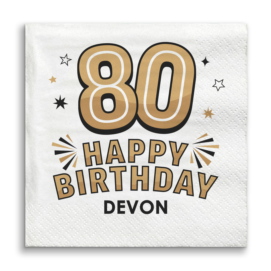 Custom Text Napkins - Black & Gold 80th Birthday