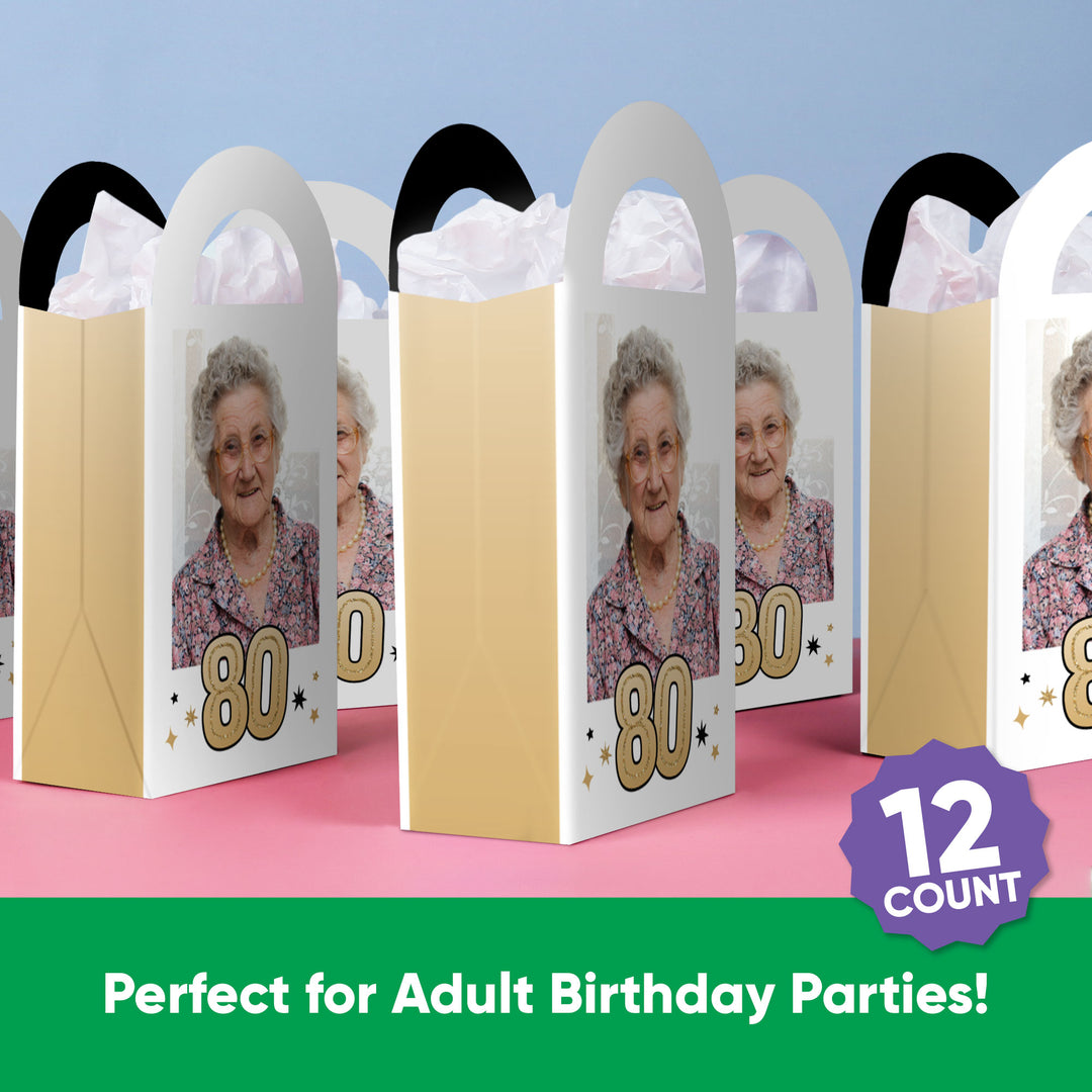 Custom Photo 80th Birthday Paper Favor Bags - 12 Ct