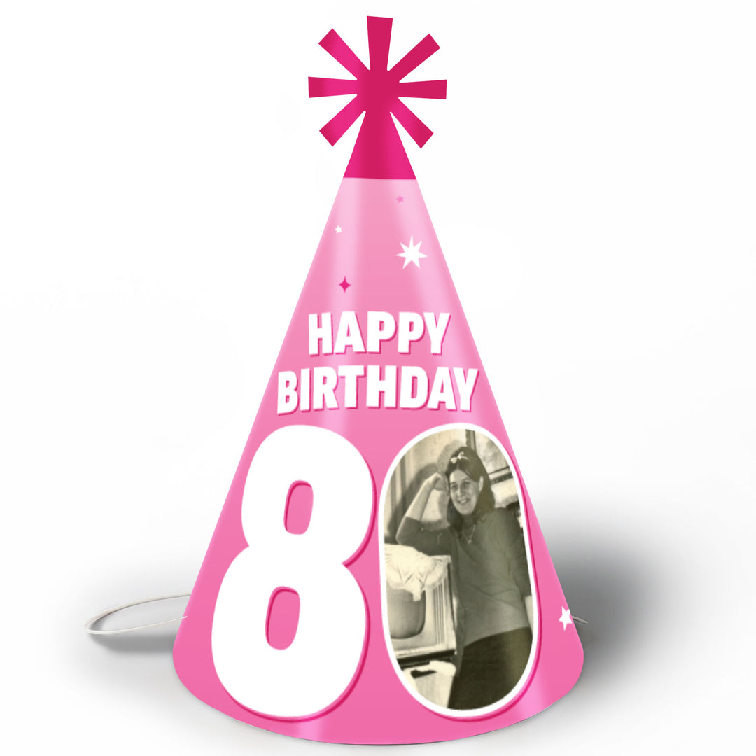 Custom Photo 80th Birthday Cone Hat - 8 Ct