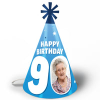 90th birthday custom photo cone party hats blue set