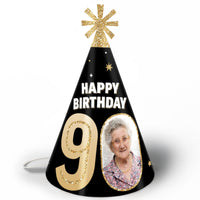 90th birthday custom photo cone party hats black and gold set