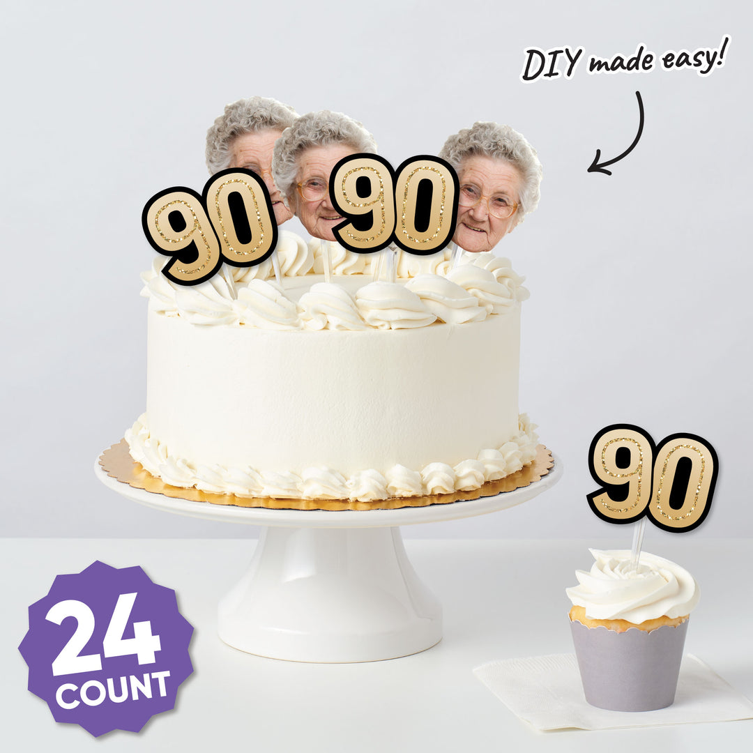 90th birthday party table sprinkled with mini face and number decor