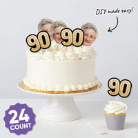 90th birthday party table sprinkled with mini face and number decor