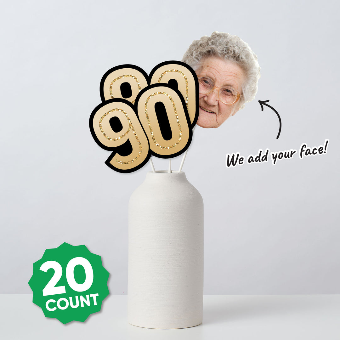 Includes 10 custom face cutouts and 10 black and gold 90 numbers