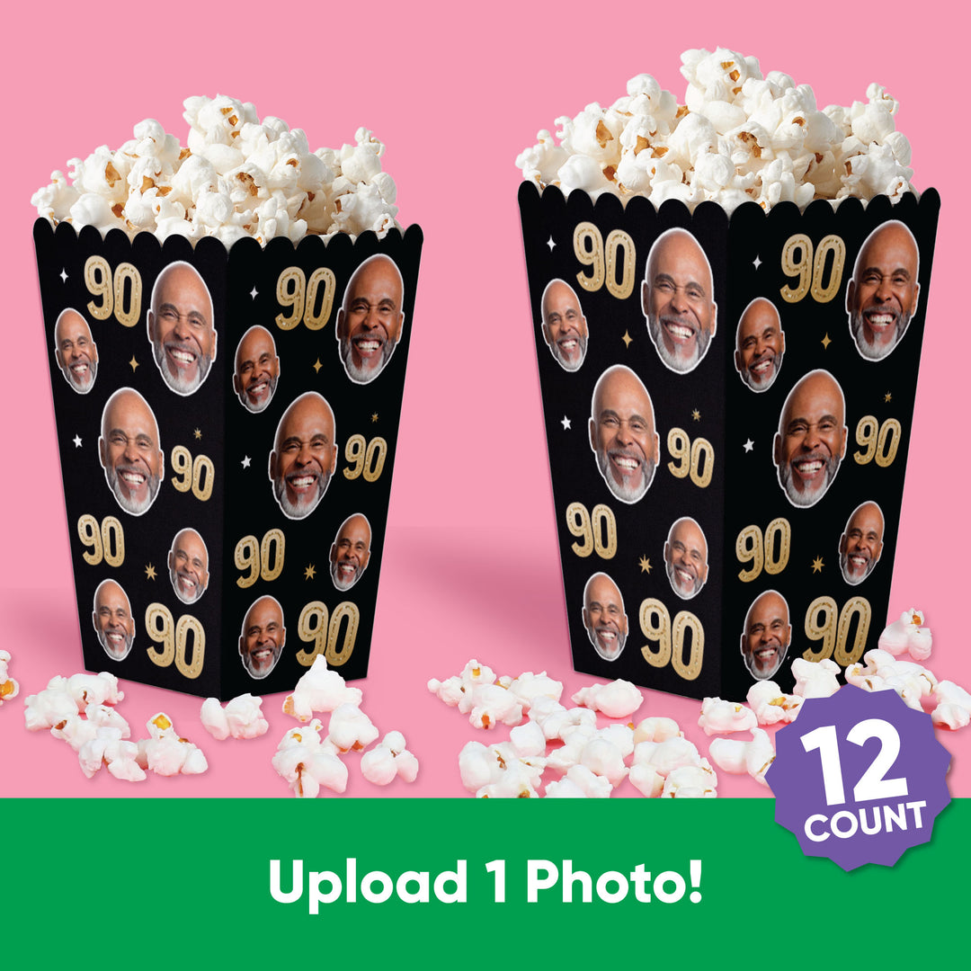 Two popcorn buckets with a 90th birthday theme on a pink background, featuring a face upload option.
