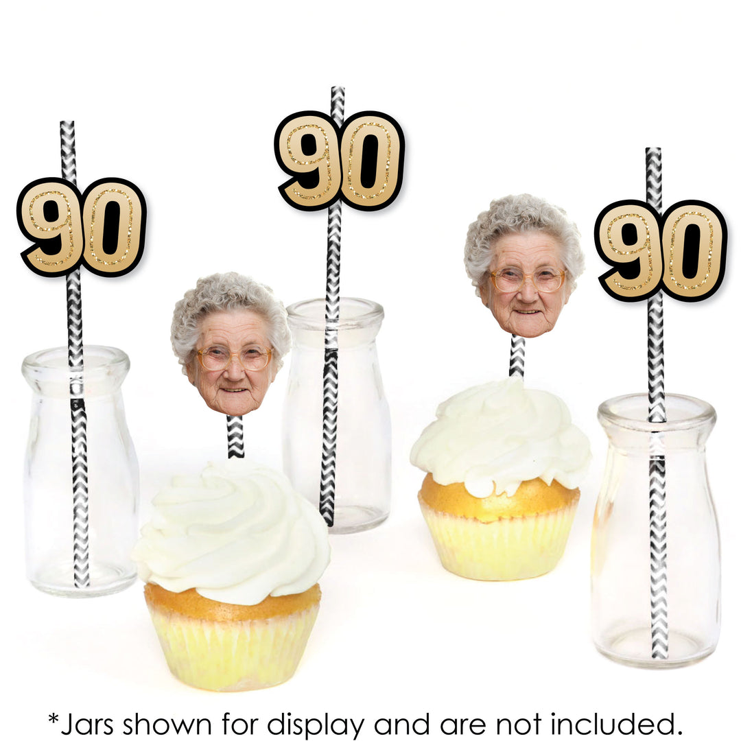 90th birthday party drinks decorated with personalized face straws