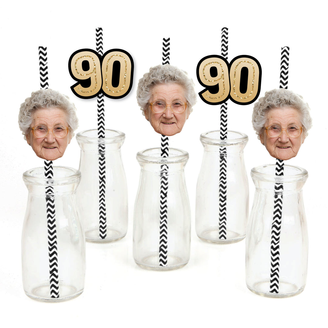 Custom 90th birthday fun face straw decoration set