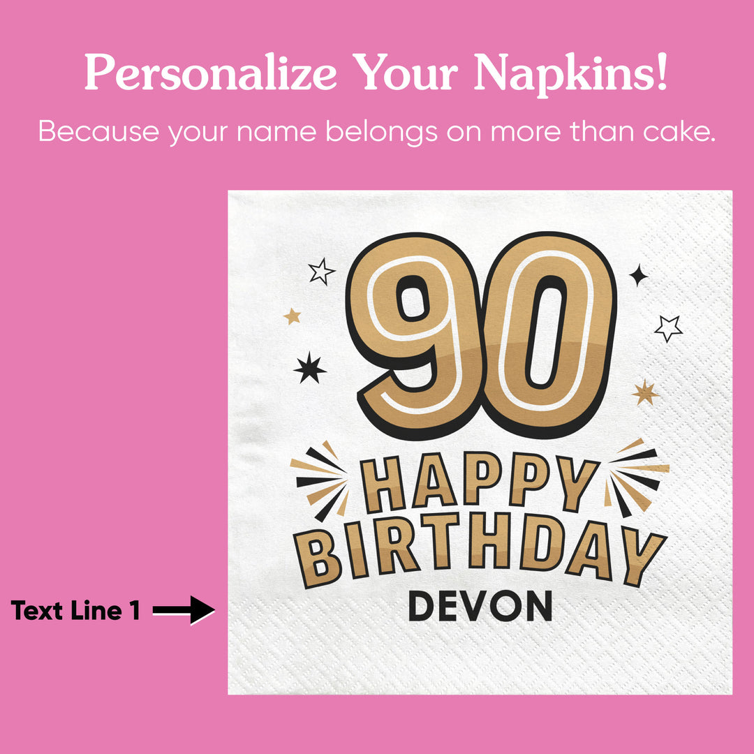 Custom Text Napkins - Black & Gold 90th Birthday
