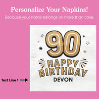 Custom Text Napkins - Black & Gold 90th Birthday