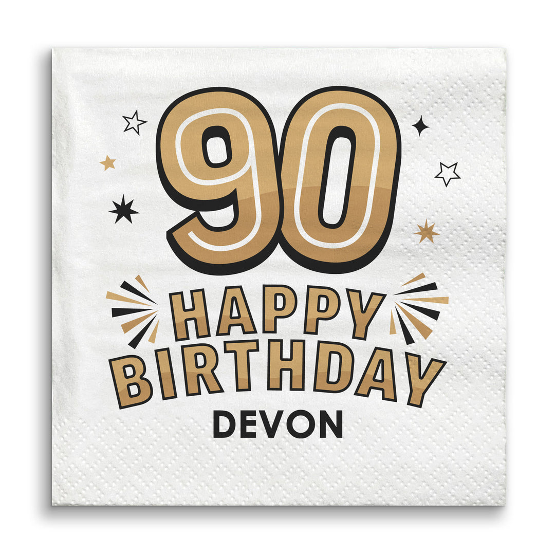 Custom Text Napkin with '90, Happy Birthday Devon' custom text on a white background
