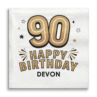 Custom Text Napkin with '90, Happy Birthday Devon' custom text on a white background