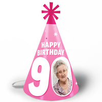 90th birthday custom photo cone party hats pink set