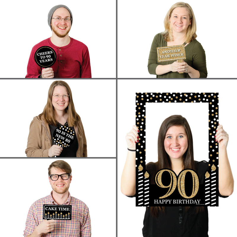 Adult 90th Birthday - Gold - Birthday Party Selfie Photo Booth Picture Frame & Props - Printed on Sturdy Material