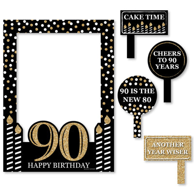 Adult 90th Birthday - Gold - Birthday Party Selfie Photo Booth Picture Frame & Props - Printed on Sturdy Material