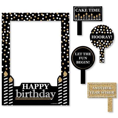 Adult Happy Birthday - Gold - Birthday Party Selfie Photo Booth Picture Frame & Props - Printed on Sturdy Material