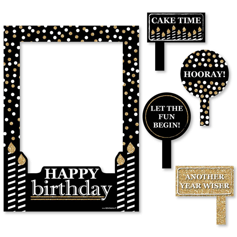 Adult Happy Birthday - Gold - Birthday Party Selfie Photo Booth Picture Frame & Props - Printed on Sturdy Material