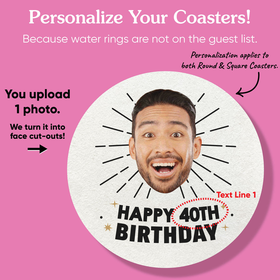 Promotional graphic for personalized coasters with a face cut-out feature on a pink background.