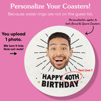 Promotional graphic for personalized coasters with a face cut-out feature on a pink background.
