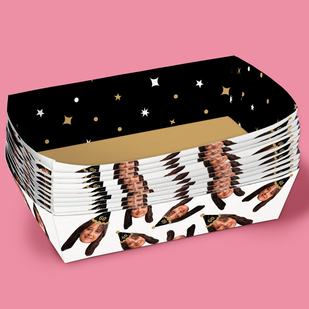Custom Face Black & Gold Paper Food Trays - 12 Ct