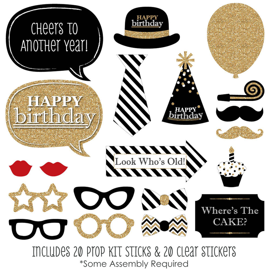 Adult Happy Birthday - Gold - Birthday Party Photo Booth Props Kit - 20 Count