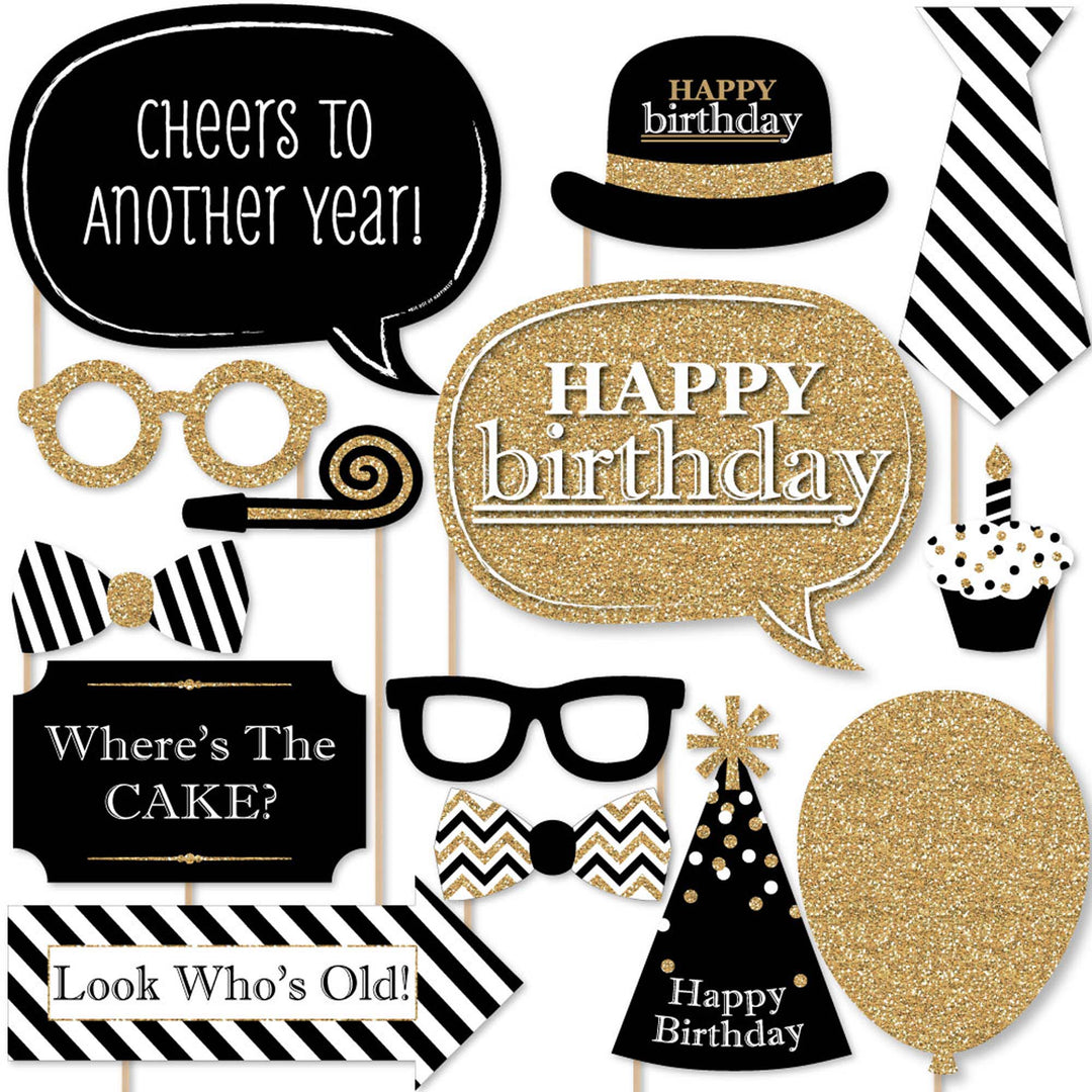 Adult Happy Birthday - Gold - Birthday Party Photo Booth Props Kit - 20 Count