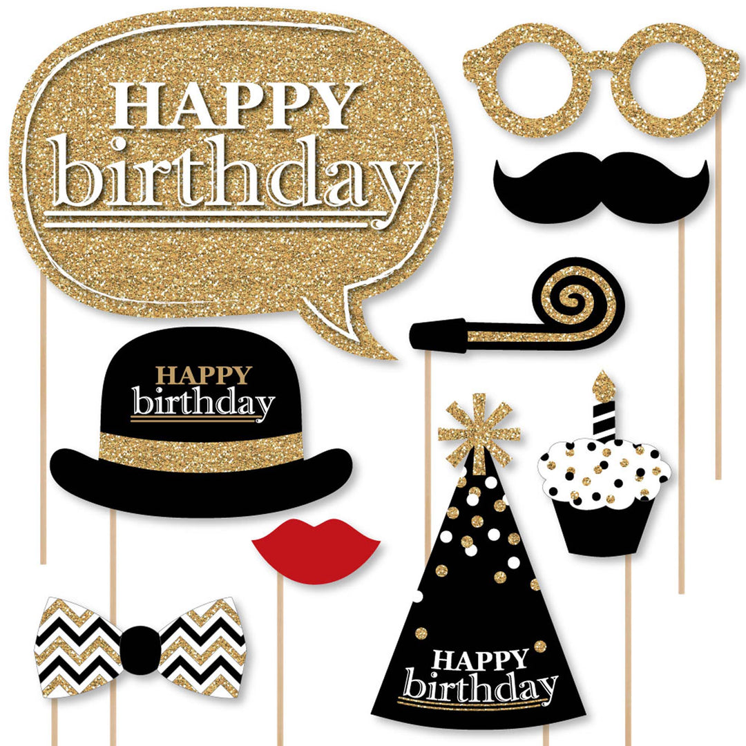 Adult Happy Birthday - Gold - Birthday Party Photo Booth Props Kit - 20 Count