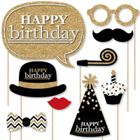Adult Happy Birthday - Gold - Birthday Party Photo Booth Props Kit - 20 Count