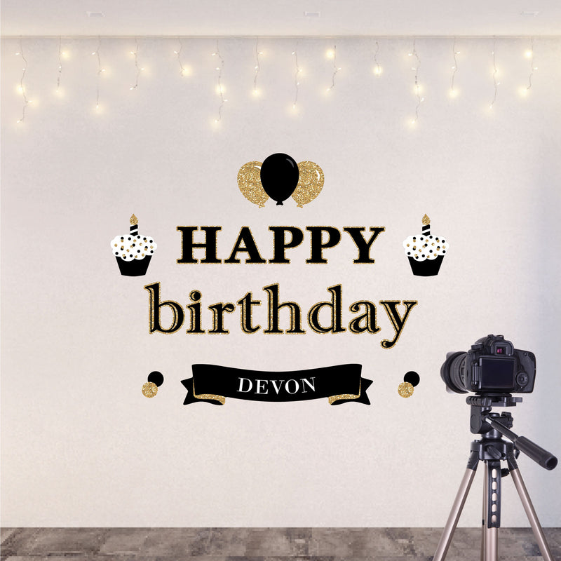 Adult Happy Birthday - Gold - Personalized Peel and Stick Birthday Party Decoration - Wall Decals Backdrop