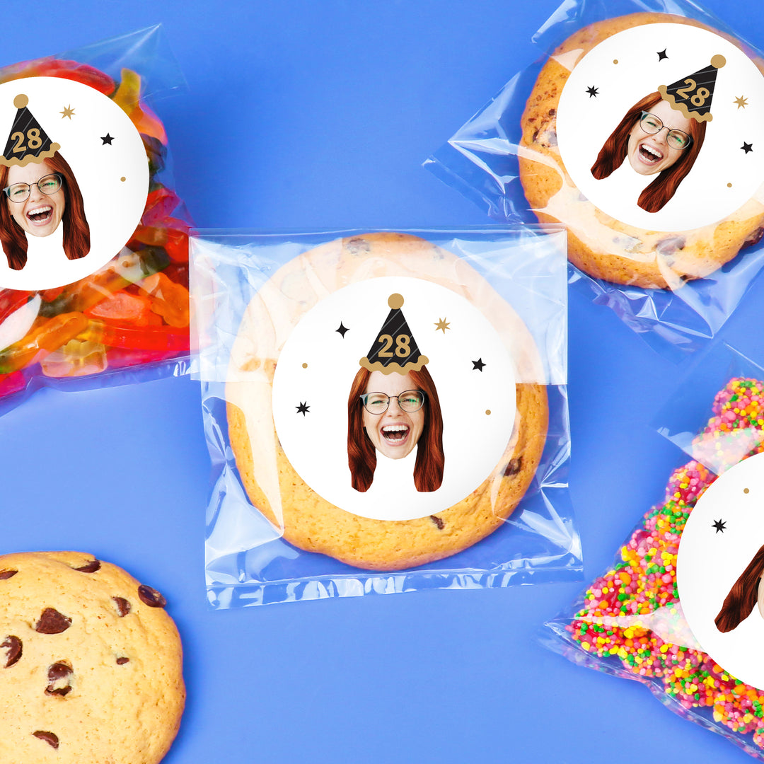 Custom Face Stickers & Clear Cookie Bags - Black & Gold Birthday
