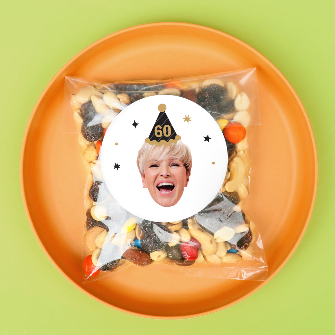 Custom Face Stickers & Clear Cookie Bags - Black & Gold Birthday